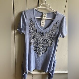 New VOCAL Womens Crystal Blue Denim Top Shirt Fringe Sz Small Tunic Fleu…